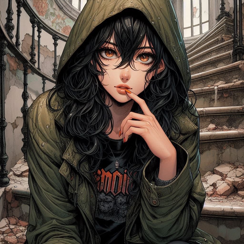 Woman on a ruined staircase