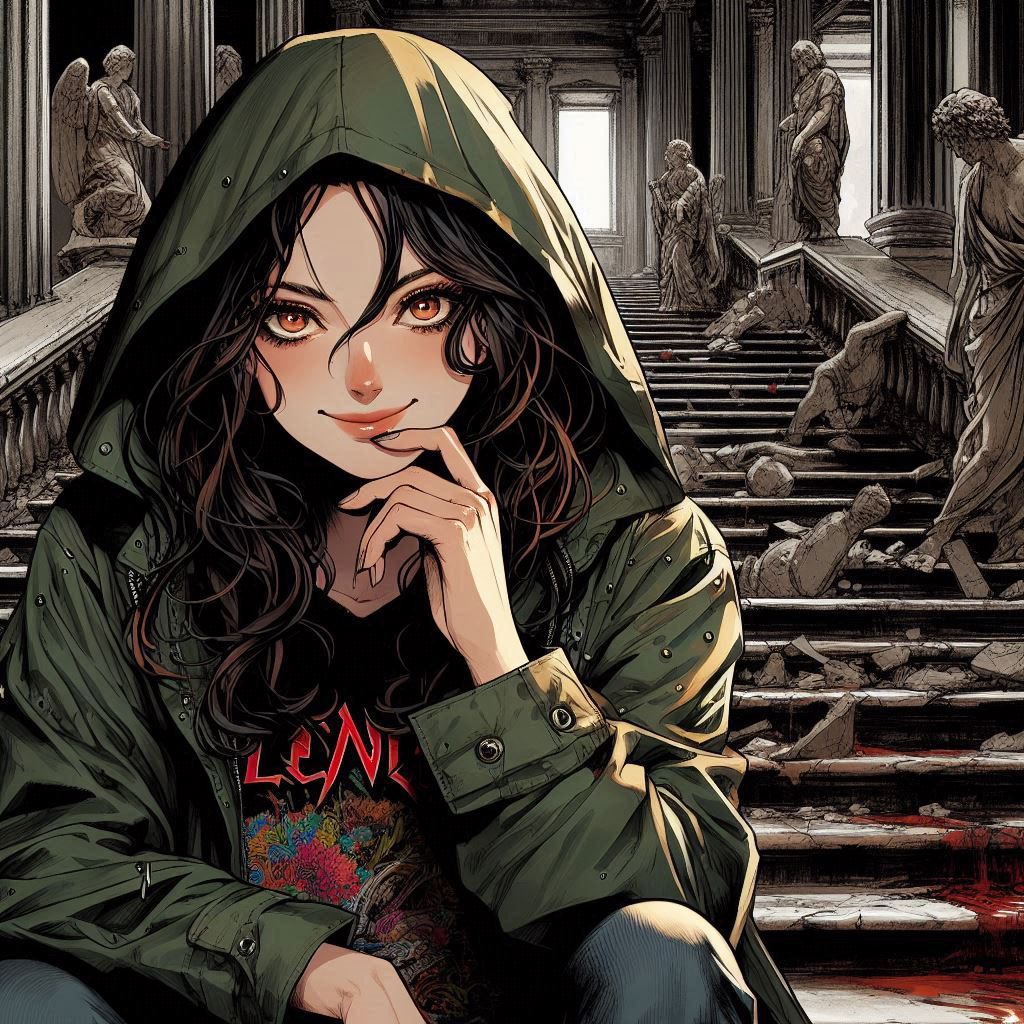 Woman on a ruined staircase