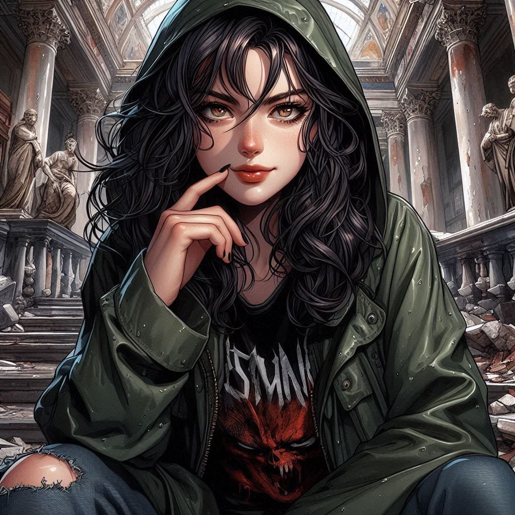 在廢墟樓梯上的女子