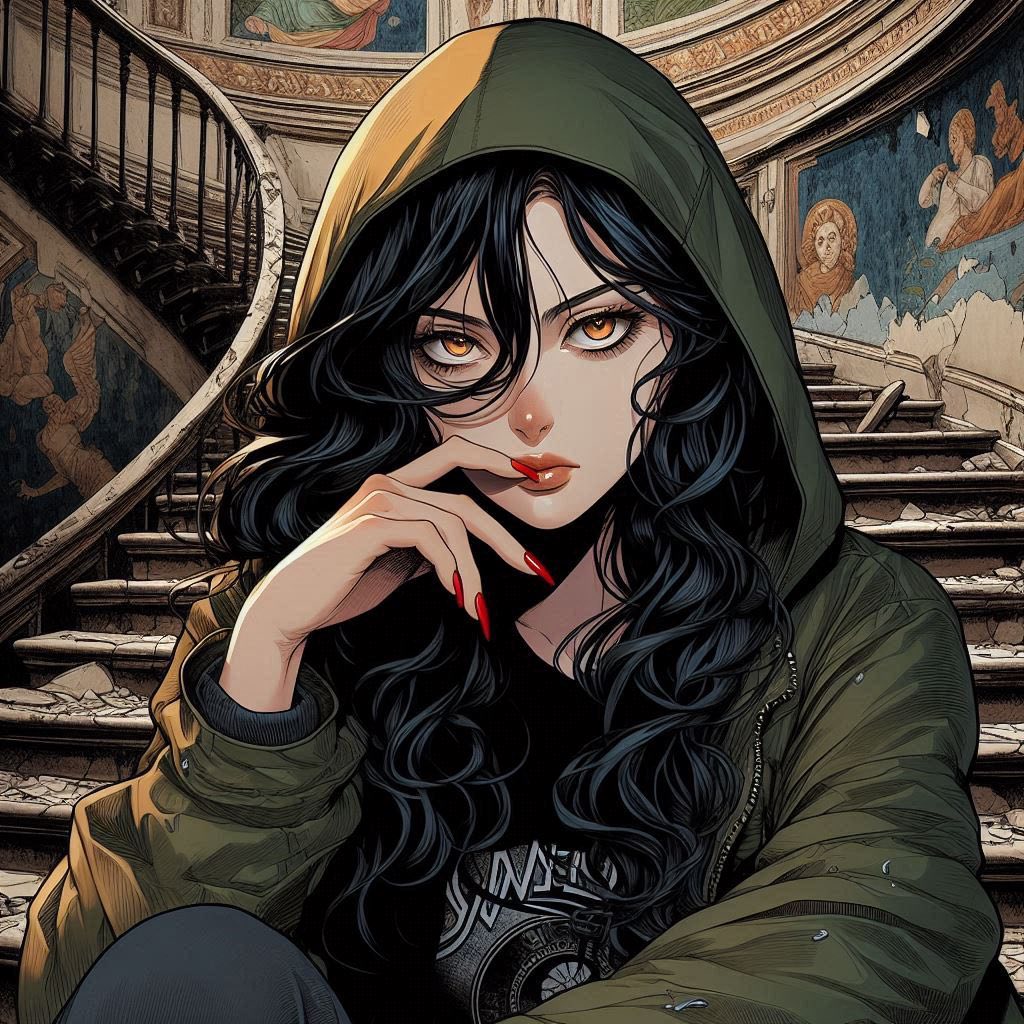 Woman on a ruined staircase