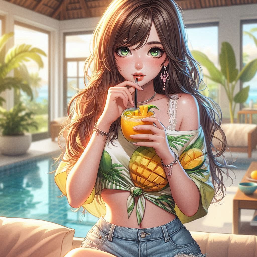在熱帶渡假村喝涼的果汁