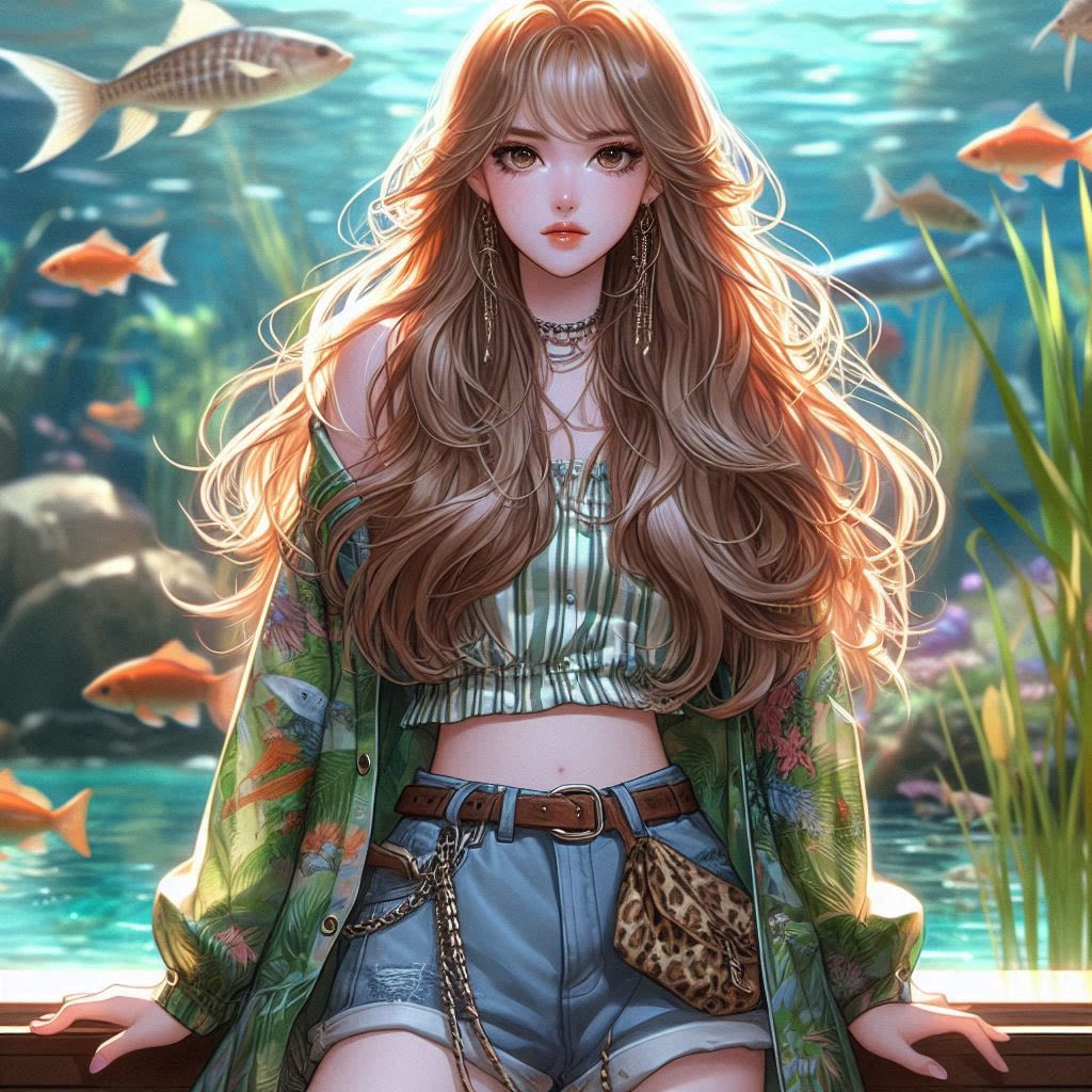 Girl in front of the aquarium