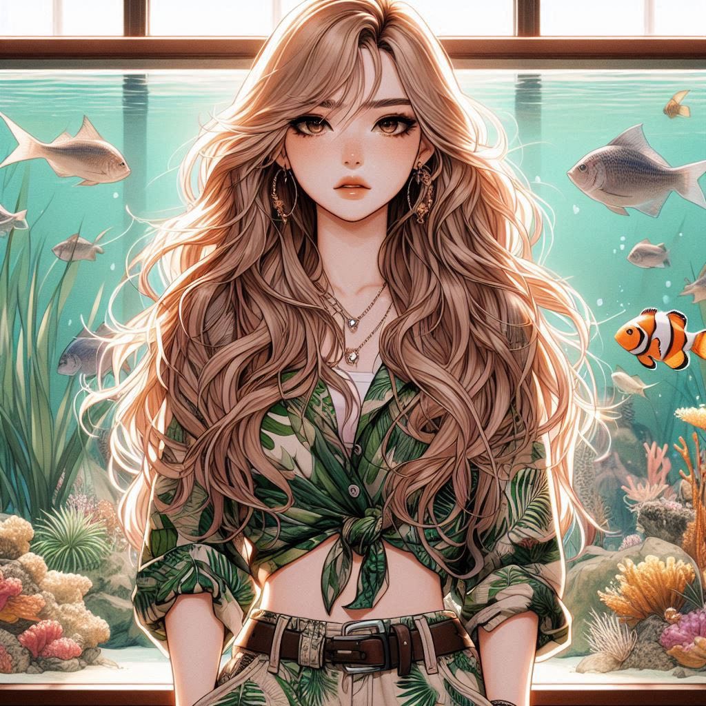 Girl in front of the aquarium
