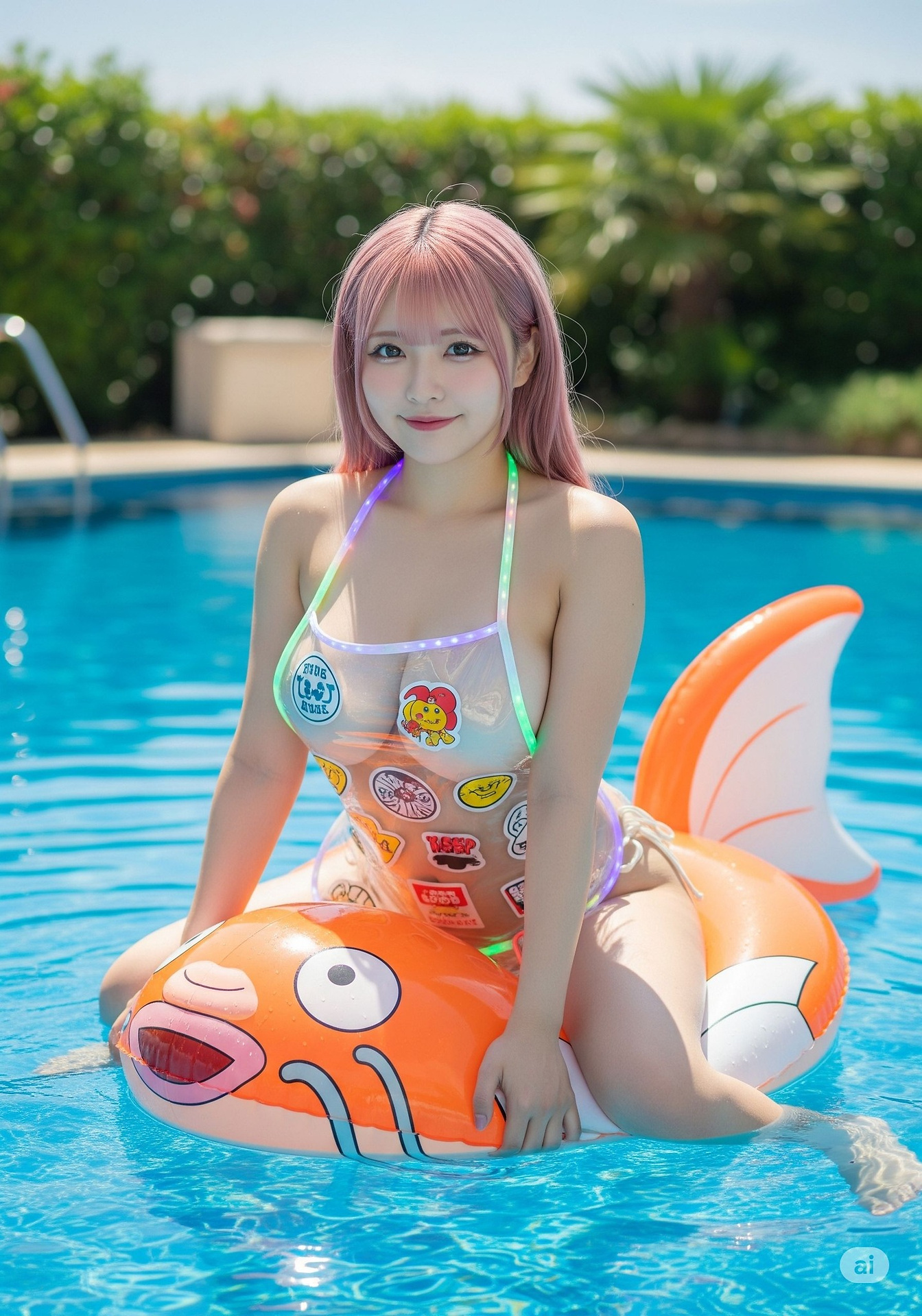 Sister brings a super Q-shaped swimming circle floating bed to the pool