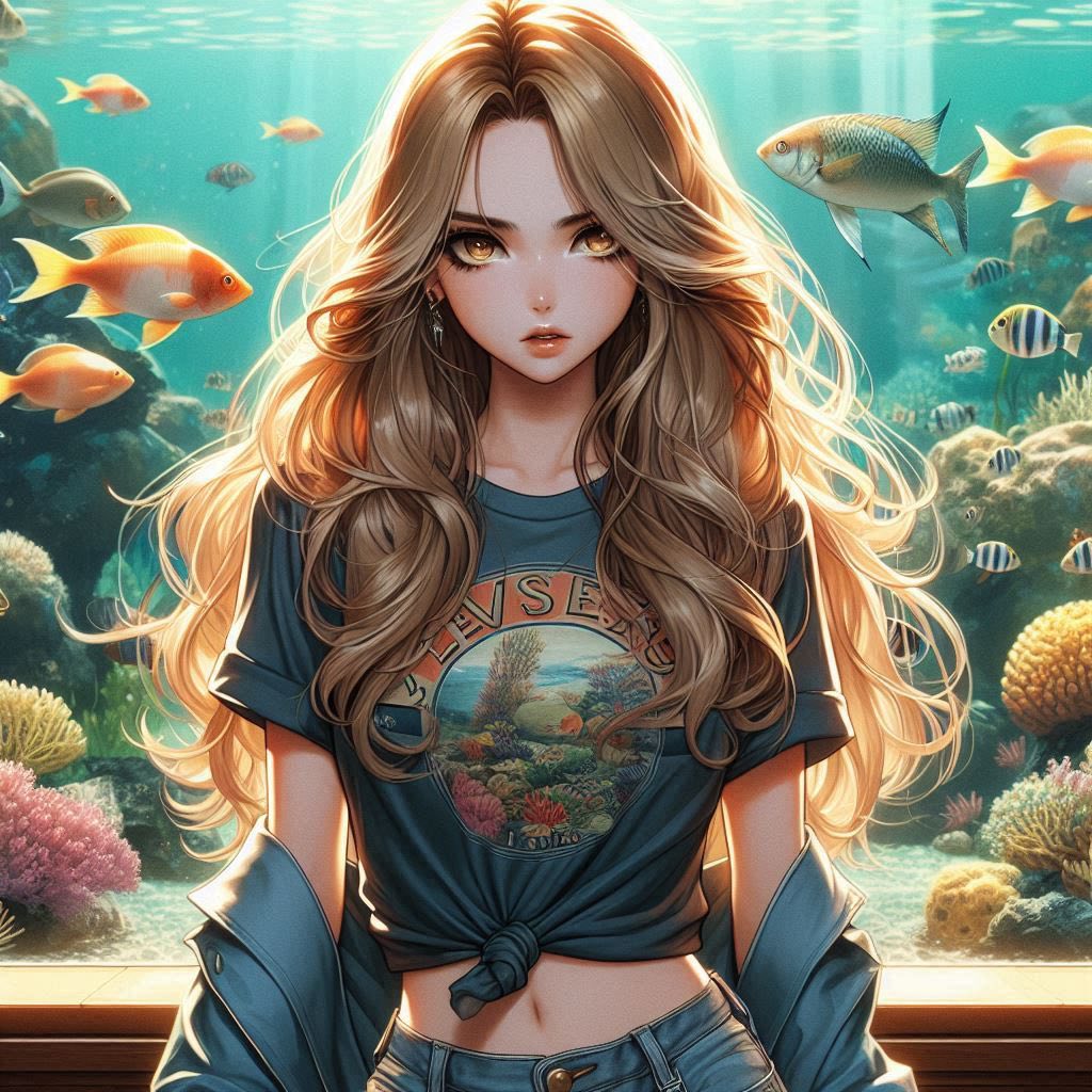 Girl in front of the aquarium