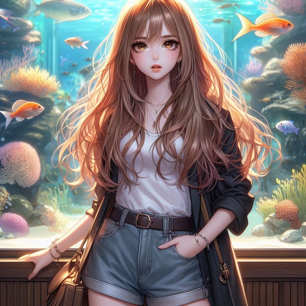 Girl in front of the aquarium