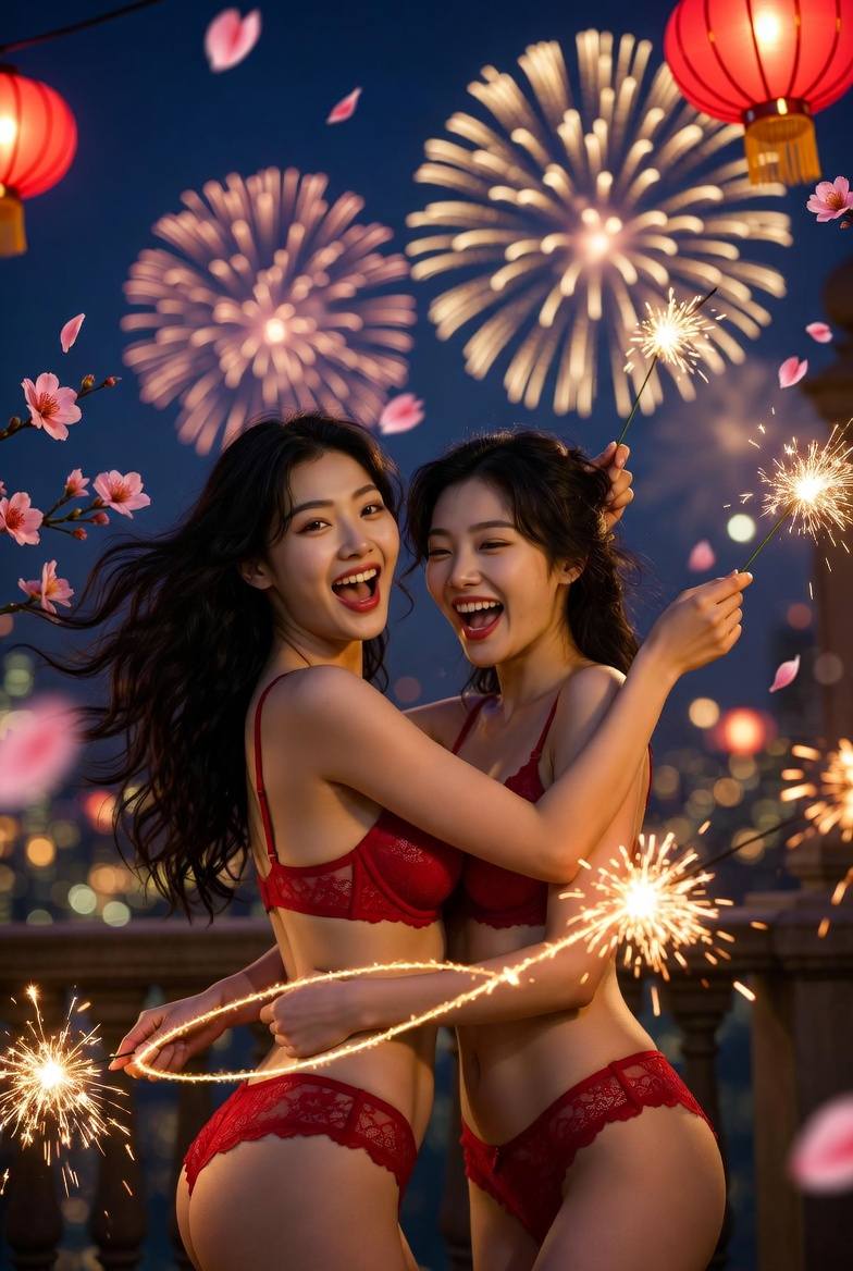 Sisters hugging and celebrating the New Year