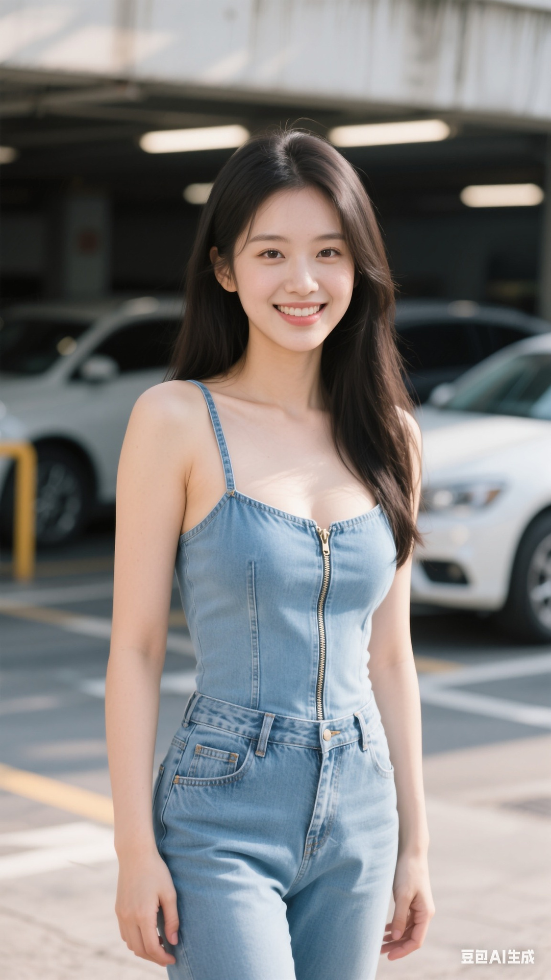 denim zipper pullover jumpsuit