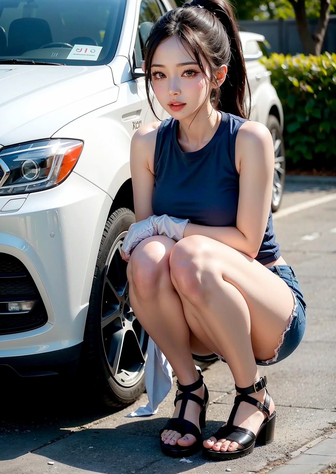 Girl washing car in summer