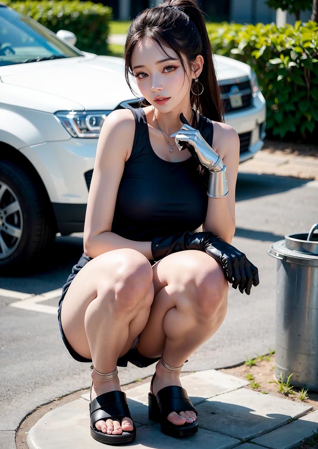 Girl washing car in summer