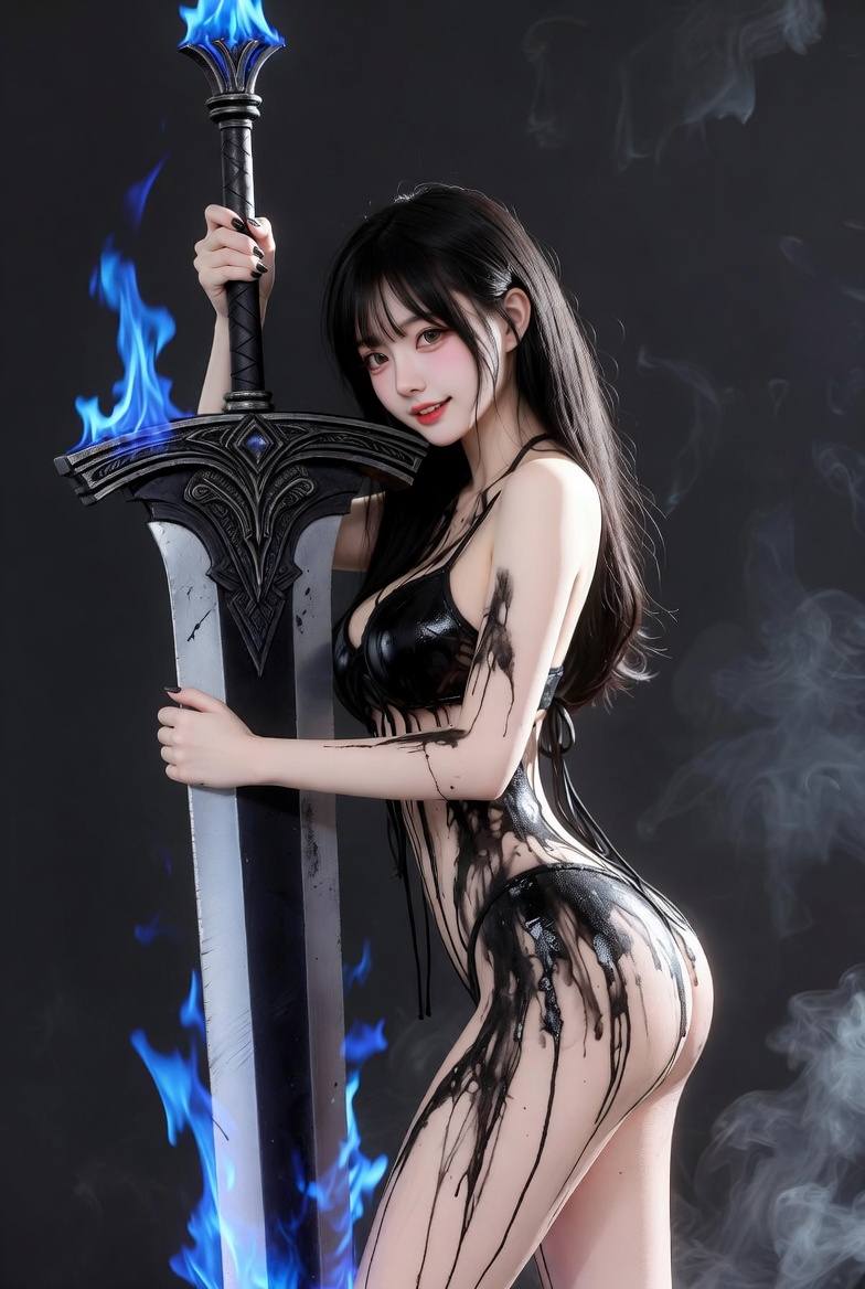 Black ink dress. Enchanted jacket. Blue flame sword